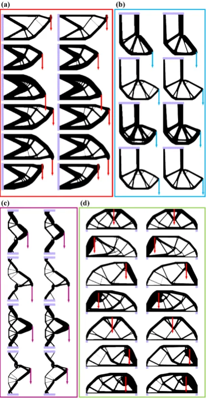 Fig. 2 Presentation of some training samples. In this illustration, there are four types of models: (a) cantilever beam, (b) MBB beam, (c) L-bracket and (d) T-bracket