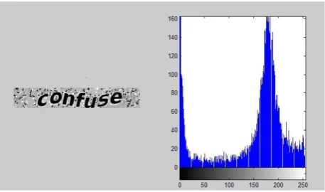 Figure 1. Greyscale image and grey level histogram of CAPCHA.  