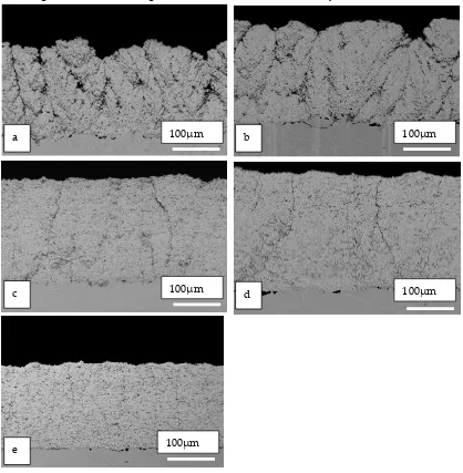 Figure 7: Backscattered SEM micrographs of the coatings deposited by radial injection using various suspensions; a) C1, b) C2, c) HM2, d) HM1 and e) C3 