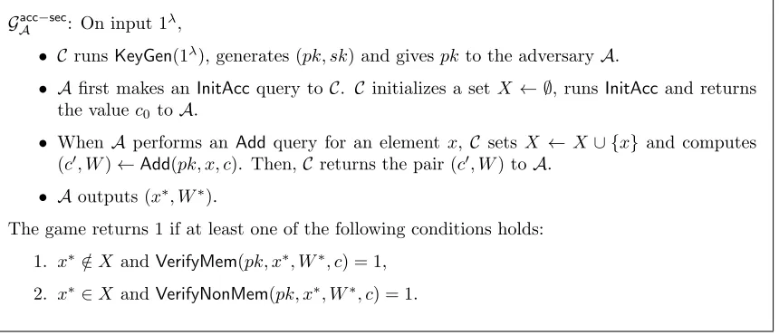 Figure 1: The security game between the adversary A and a challenger C, where C playsthe roles of both T and Tacc.