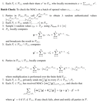 Fig. 2. Protocol for privately opening (P(h), P(1))-party authenticated secret shares to a singleparty Pi0 and MAC-checking