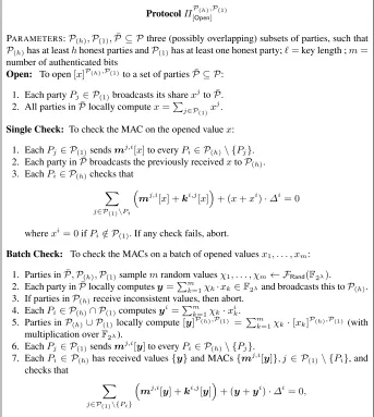 Fig. 1. Protocols for opening and MAC-checking on (P(h), P(1))-authenticated secret shares