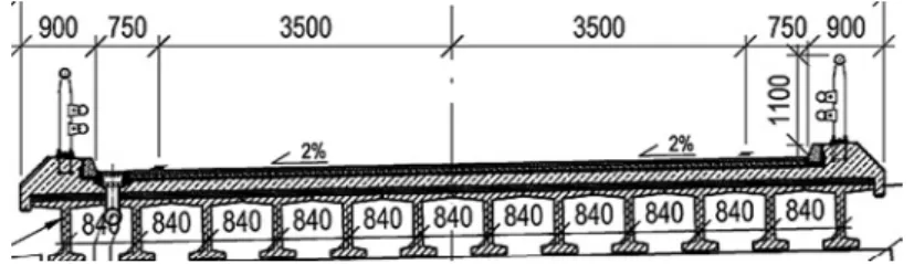 Figure 1.  Cross-section of a bridge with pre-stressed string reinforced  concrete beams