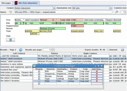 Figure 5. ANNIC (ANNotations In Context). Complex queries are supported, such as a query that searches for person annotations followed bypast tense verbs followed by organisation names, as shown in this figure