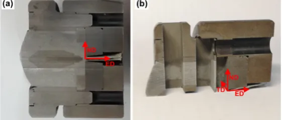 Figure 2. The observation section of the metal flow: (a) longitudinal section, and (b) cross section