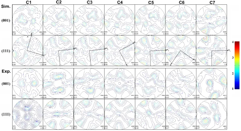 Figure 12. Experimental and Simulated {0 0 1} and {1 1 1} pole figures along the flow line C