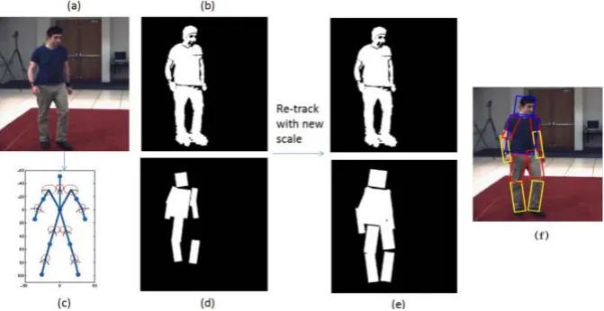 Figure 1. The whole tracking process. (a) the original image (b) the foreground segmentation (c) the kinematic tree model (d) the area of the tracking body parts (represented using bounding boxes) for this frame using one scale value