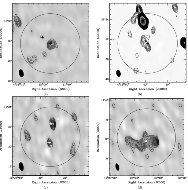 Figure 1. (a) IRAM 04191; (b) L1521F; (c) L673 and (d) CB188. AMI-LA data are shown as grey-scale and contours linearly from 3 σ , where σ = 17, 16, 26 and 24 µJy beam −1 , respectively