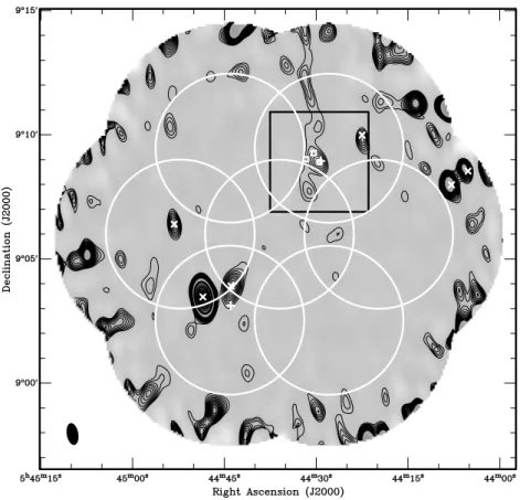 Figure 2. Primary beam corrected mosaic of B35A. AMI-LA data are shown as grey-scale and contours linearly from 3 σ , where σ = 67 µJy beam −1 to 1 mJy beam −1 and then incrementally in units of 1 mJy beam −1 