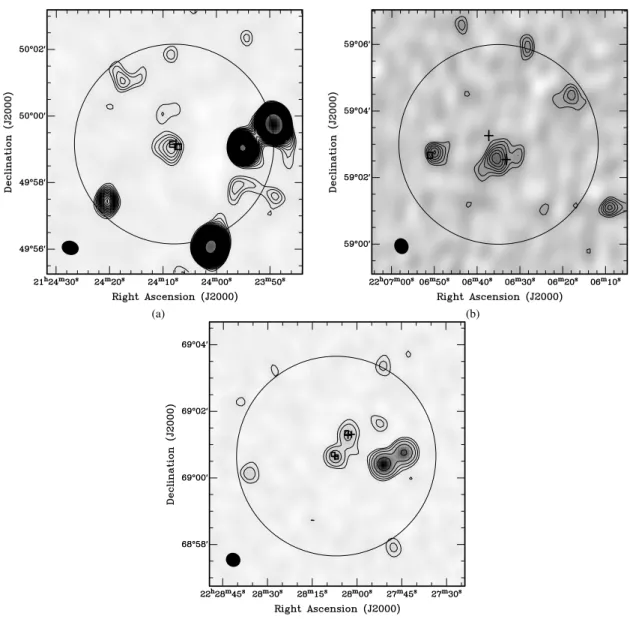 Figure 5. (a) L1014, (b) L1165 and (c) L1221. AMI-LA data are shown as grey-scale and contours