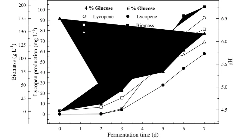 Figure 7. Changes in lycopene production, biomass formation and pH in a fermentor 