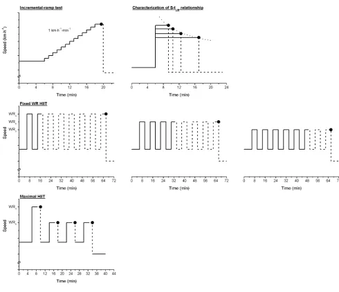 Figure 1. Schematic of the treadmill speed profiles performed during the Incremental-ramp test, the constant-speed tests forattained (middle row), and the maximal HIIT protocol in which each bout was performed to the limit of tolerance, with a fixed4 min recovery between each bout (bottom).N) relationship – dotted line (top left and right respectively), the fixed HIITprotocols in which 4 min bouts at WRcharacterization of the Speed-tolerable duration (S-tLIM4, WR6 or WR8 were alternated with 4 min recovery bouts until the limit of tolerance was represents the limit of exercise tolerance in all protocols.doi:10.1371/journal.pone.0076420.g001