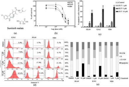 Figure 1. Antiproliferative effect of Sunitinib on AML cells lines. (a) Chemical structure of Sunitnib malate; (b) Cell proli-feration assay performed using Cell-Titre Blue reagent at 48 h demonstrated a dose-dependent antiproliferative effect on AML cell 