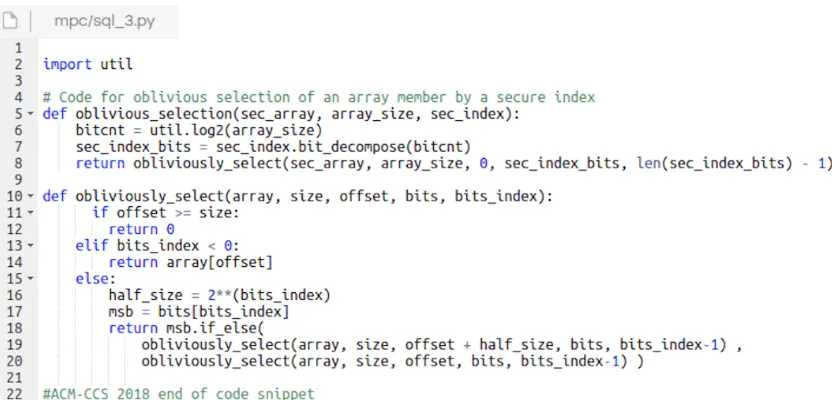 Figure 1: SPDZ Python code for oblivious selection from an array.