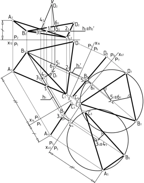 Fig. 1. Construction of sphere centre by 4 points (four replacements of projection planes) 