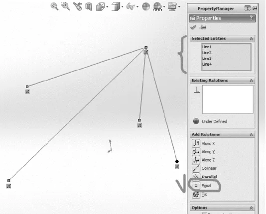 Fig. 4. Specifying the geometric «equality» relationship for straight line segments in SolidWorks 