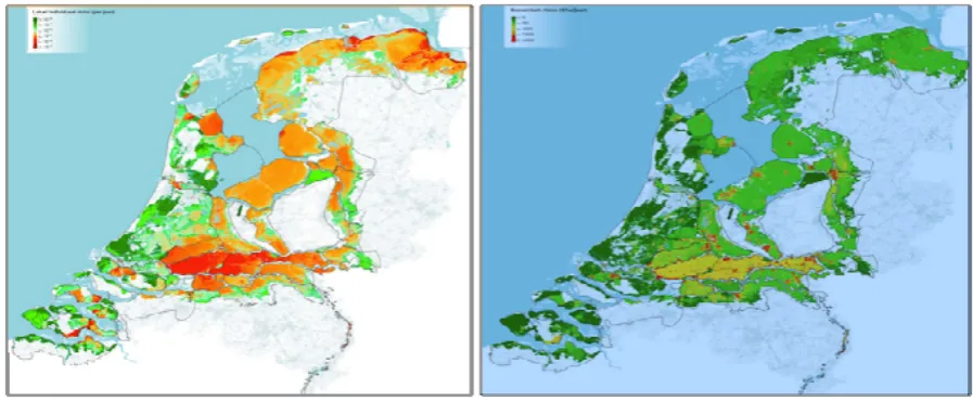 Figure 1. Showing flooding [left] en economic effects of flooding risks [right] (Vergouwe, 2016)