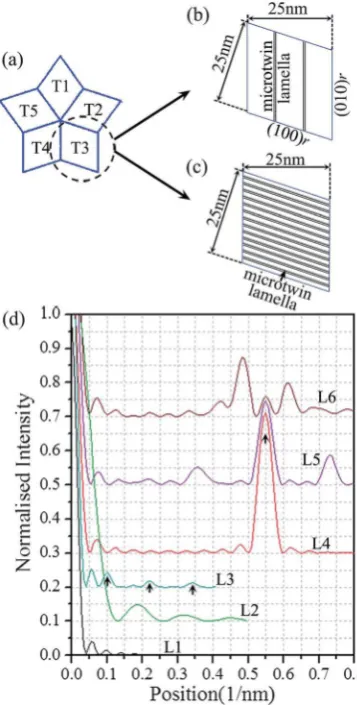 Fig. 4(a) The cross-sectional morphology of an idealthe reference result for the idealThe comparison of the simulated intensity line-properpendicular to the twinning plane