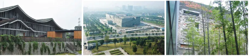 Fig. 2: (a) Use of curvilinear roofs; (b) Ningbo History Museum and its surrounding; (c) Courtyard with bamboo 