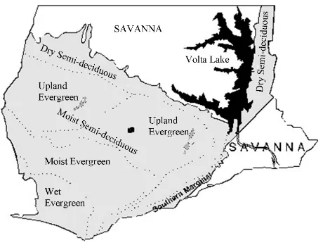 Figure 1.  Map of southern Ghana showing distribution of forest types in the High 