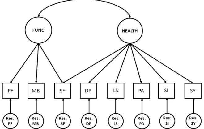 Figure 1. The measurement model. Notes: Circles represent latent variables (common and residual factors) and squares represent observed variables (the scale scores)