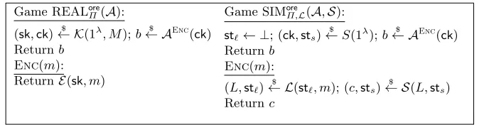 Fig. 3: Games REALoreΠ(A) (left) and SIMoreΠ,L(A, S) (right), where Π = (E, C) is anORE scheme, L is a leakage proﬁle, A is an adversary, and S is a simulator.