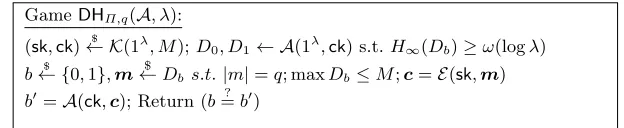 Fig. 4: Games DHΠ,q(A, λ) , where Π = (K, E, C) is an ORE scheme, q = poly(λ), andA is an adversary.