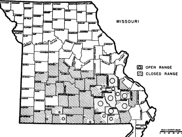 FIGURE 2. Open and closed range in the Missouri Ozark region as of August, 1951. 