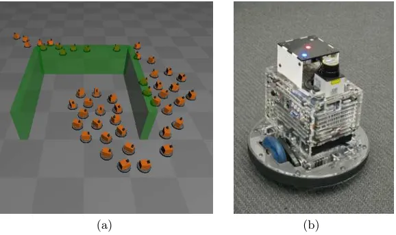 Fig. 2. Testbed used in the experiments: (a) snapshot of the gazebo simulator with 48robots and (b) one of the 7 scarab robots used in the experiments.