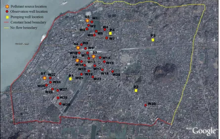 Figure 1. Map of the study area showing pollutant sources, observation well locations and pumping well