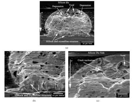 Figure 8. SEM secondary images [23]. (a) after 37.5h, magnification 700×; (b) area on the PCB board side(anode) 2000×; (c) area on the silicon side(cathode) 2000×
