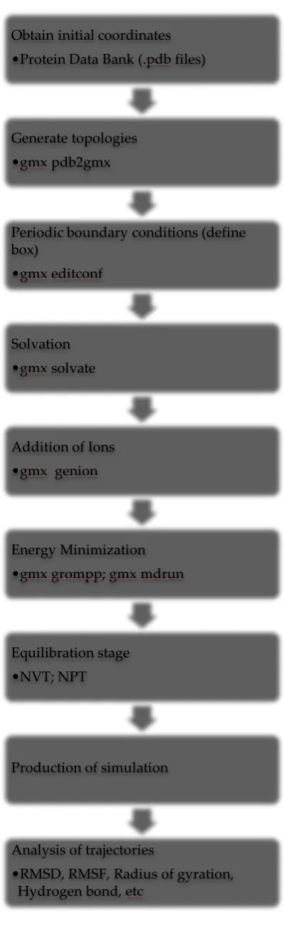 Figure 5: The general steps to run molecular dynamics simulation of a protein molecule in water using GROMACS 2018.2 software package
