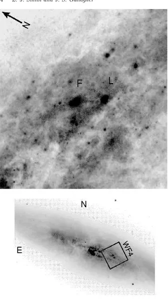 Figure 1. These I-band images show the locations of clusters F and L in M82. The lower picture was taken with a CCD camera on theWIYN 3.5-m telescope in ≈ 1 arcsec seeing