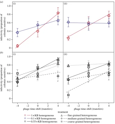 Figure 2. Time-shift of phage infectivity. Effects of (a) productivity and (b) the grain of environmental heterogeneity on the rate of phage infectivity evolution