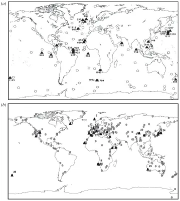 Figure 6. (a) Distribution of PRISM marine sites (open circles) and locations of potential time slice SST data (triangles)