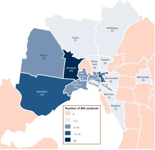 Figure 1.1.2  Location of students (Local Government Area, numbers, N=98)