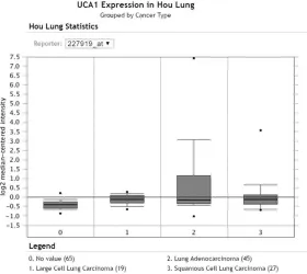 Figure 1. Expression level of UCA1 in the study of Hou Lung from Oncomine. The expression of UCA1 was provided by Oncomine