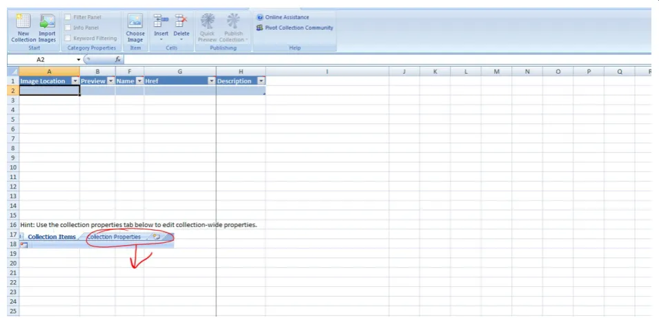 Figure 2 Microsoft Excel plug-in for Pivot collections. Screenshot showing a new spreadsheet for Pivot collection tool using the free Exceladd-in for Pivot collections from Microsoft [34].