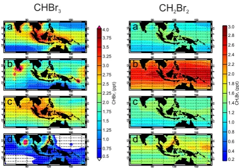 Fig. 9. Modelled mean surface mixing ratio (ppt) of CHBrcolumn) and CHPaciﬁc during 2011 for CTM runs3 (left2Br2 (right column) over the tropical western (a) SLiang, (b) SWarwick, (c)SOrdonez and (d) SZiska.