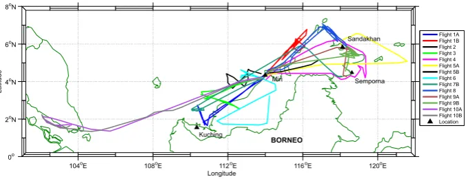 Fig. 10. Flight tracks of the DLR Falcon aircraft during November and December 2011 as part of the 2011 SHIVA campaign.