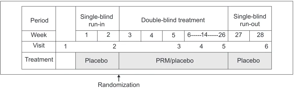 Figure 1 Overall study design.Notes: The study was comprised of a 2-week, single-blind, placebo run-in period, followed by randomization (1:1) to add-on PrM 2 mg or placebo for 24 weeks