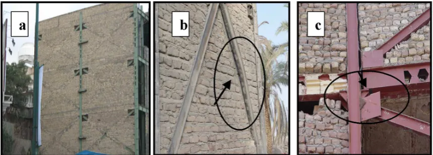 Fig 1: (a) A typical CBF with infill in Iran; (b) Buckling of chevron braces of a CBF in Bam earthquake; (c) Fracture of horizontal re-entrant corner of gusset plate weld line and spalling of masonry infill in Bam earthquake  