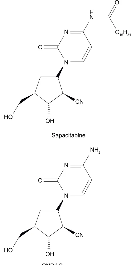 Figure 5 Structure of sapacitabine and CNDAC.Abbreviation: CNDAC, 2′-C-Cyano-2′-deoxy-b-D-arabino-pentofuranosylcytosine.