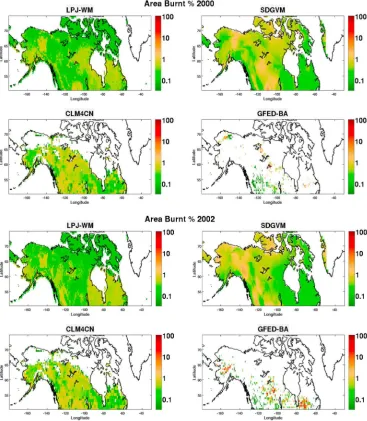 Figure 5.Percentage of burned area in logarithmic scale in 2000 and 2002 over North America for thethree models and GFED-BA.