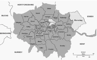Figure 1. Map of London, with the boroughs of Hackney and Havering highlighted (from 