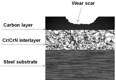 Figure 1 Schematic diagram showing the cross section of the a-C:15H coating plate. Concentration of Cr, detected by EDX, is higher inside the wear track compared to outside