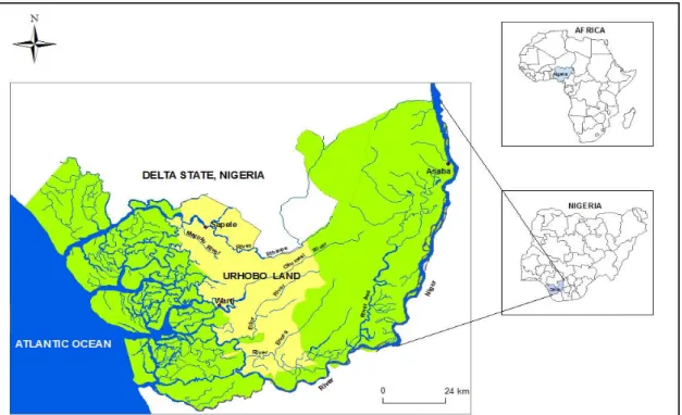 Figure 1. Map of Delta state showing some of the sampled rivers (Source: Urhobo Historical Society, 2008) 