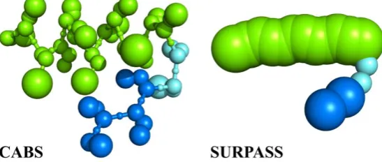 Figure 5. Comparison of CABS and SURPASS CG representations of proteins. The picture presents a short structural element containing helical (green) and β-strand (blue) fragments, connected by a loop