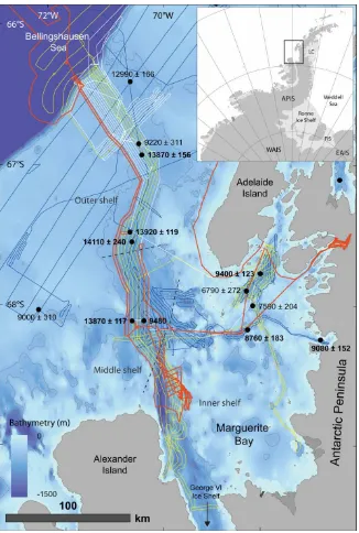 Figure 1.Overview map of Marguerite Bay Ice Stream. Swath bathymetry tracks are as follows: dark blueline: NBP0201 RV/IB Nathaniel B