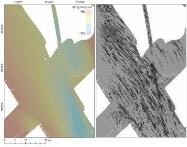 Figure 2.Example of mega-scale glacial lineations (MSGLs) on the outer-shelf of the palaeo-ice stream.The left-hand panel is the relief-shaded image and the right-hand panel shows the mapped landforms (coloursare the same as in the main map)